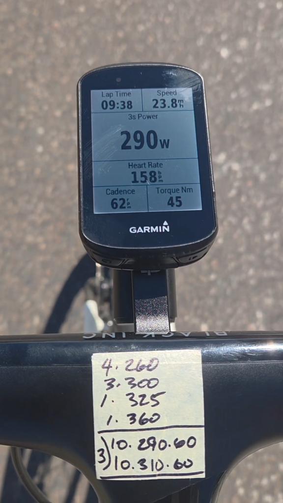 My bike computer during a recent "May The Tempo Force Be With You" workout, hitting the target power and cadence.