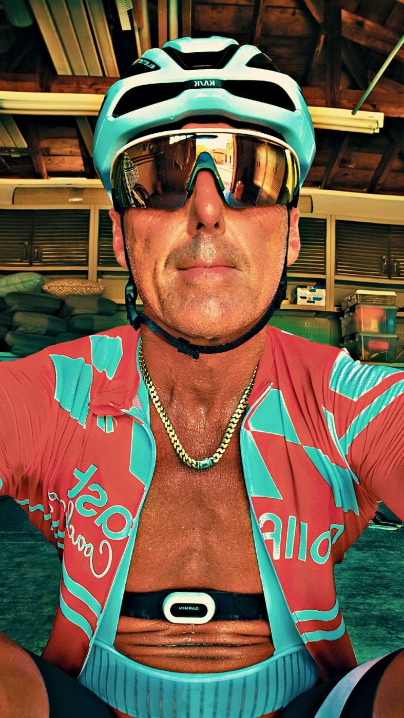 Matt Tanner in Rollfast kit, sweating after an indoor session